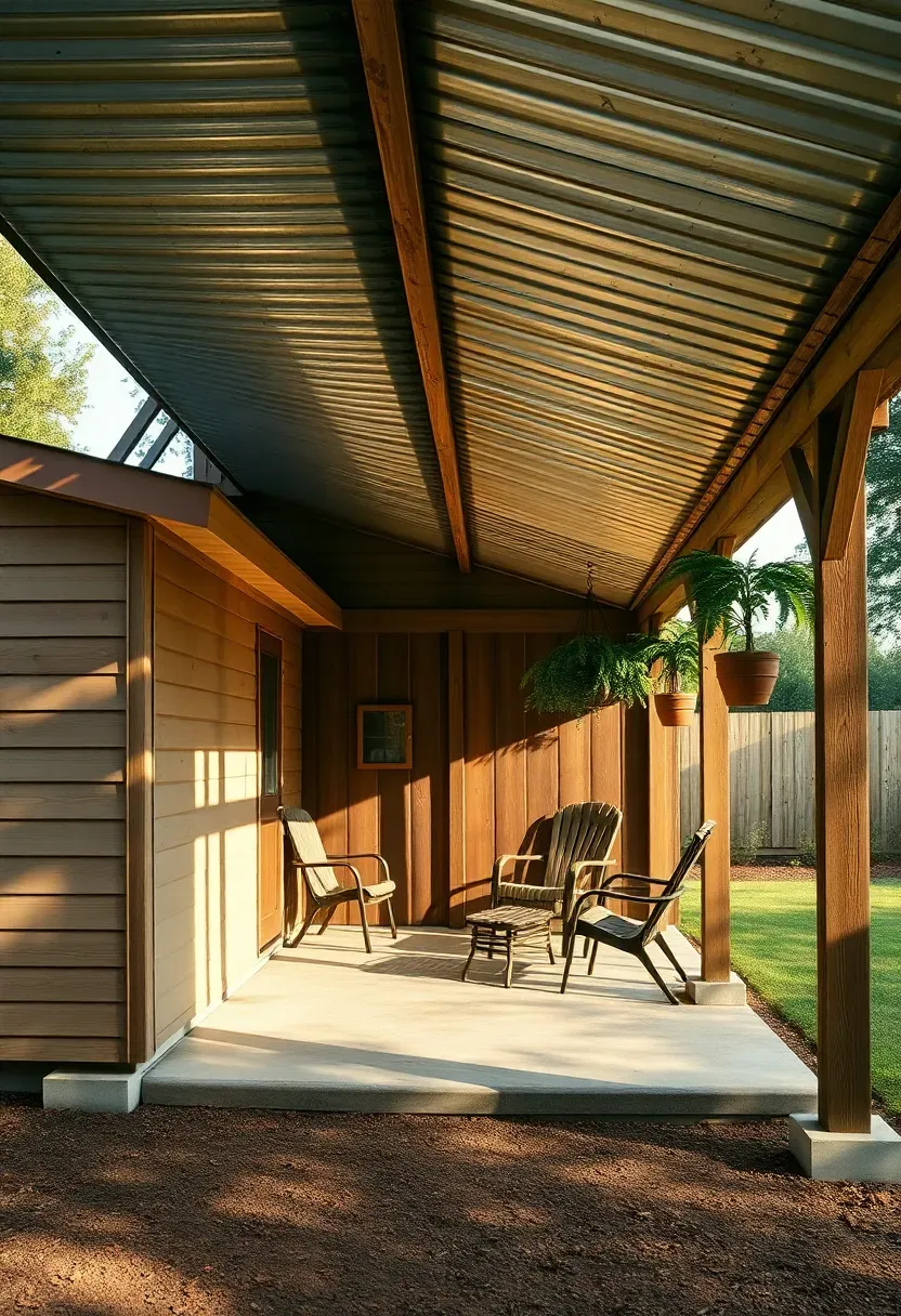 A garden shed with an attached covered patio area featuring a corrugated metal roof extension, outdoor chairs, and hanging potted ferns