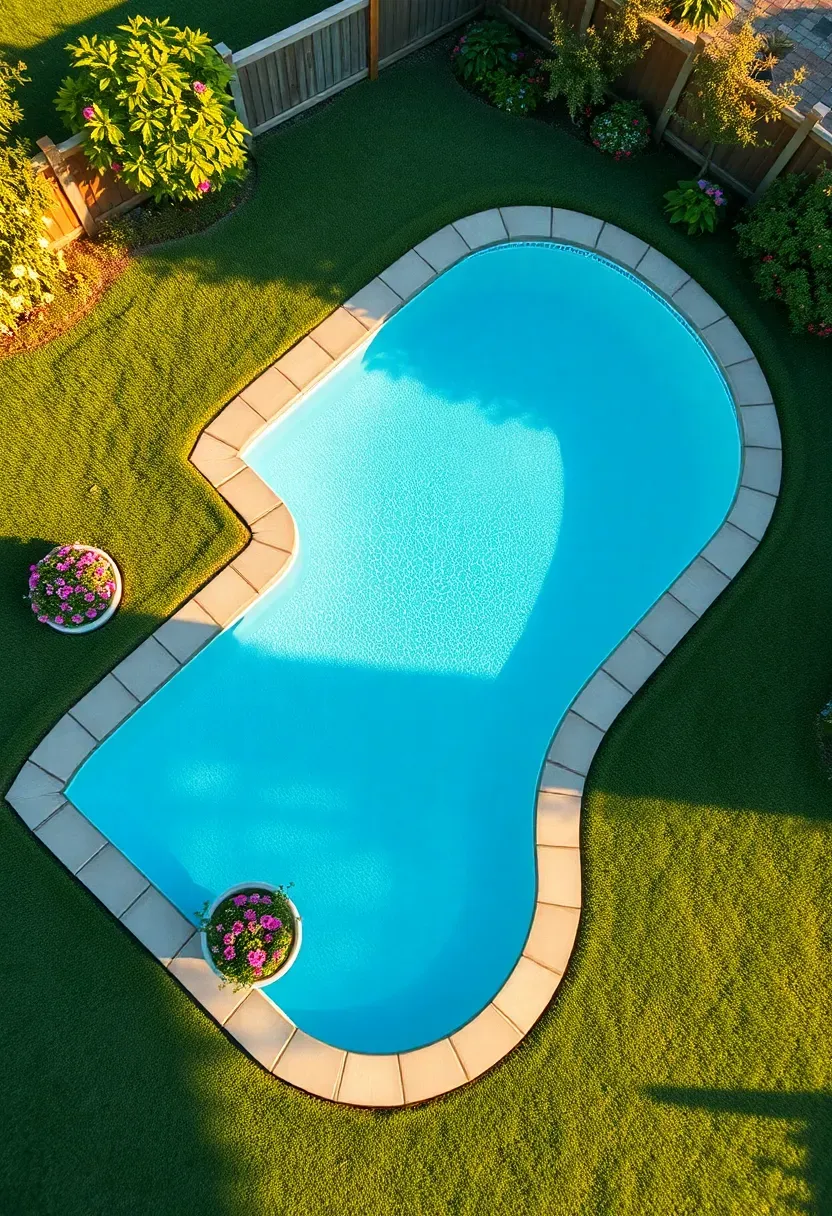 L-shaped pool fitting perfectly into a backyard corner with landscaped edges