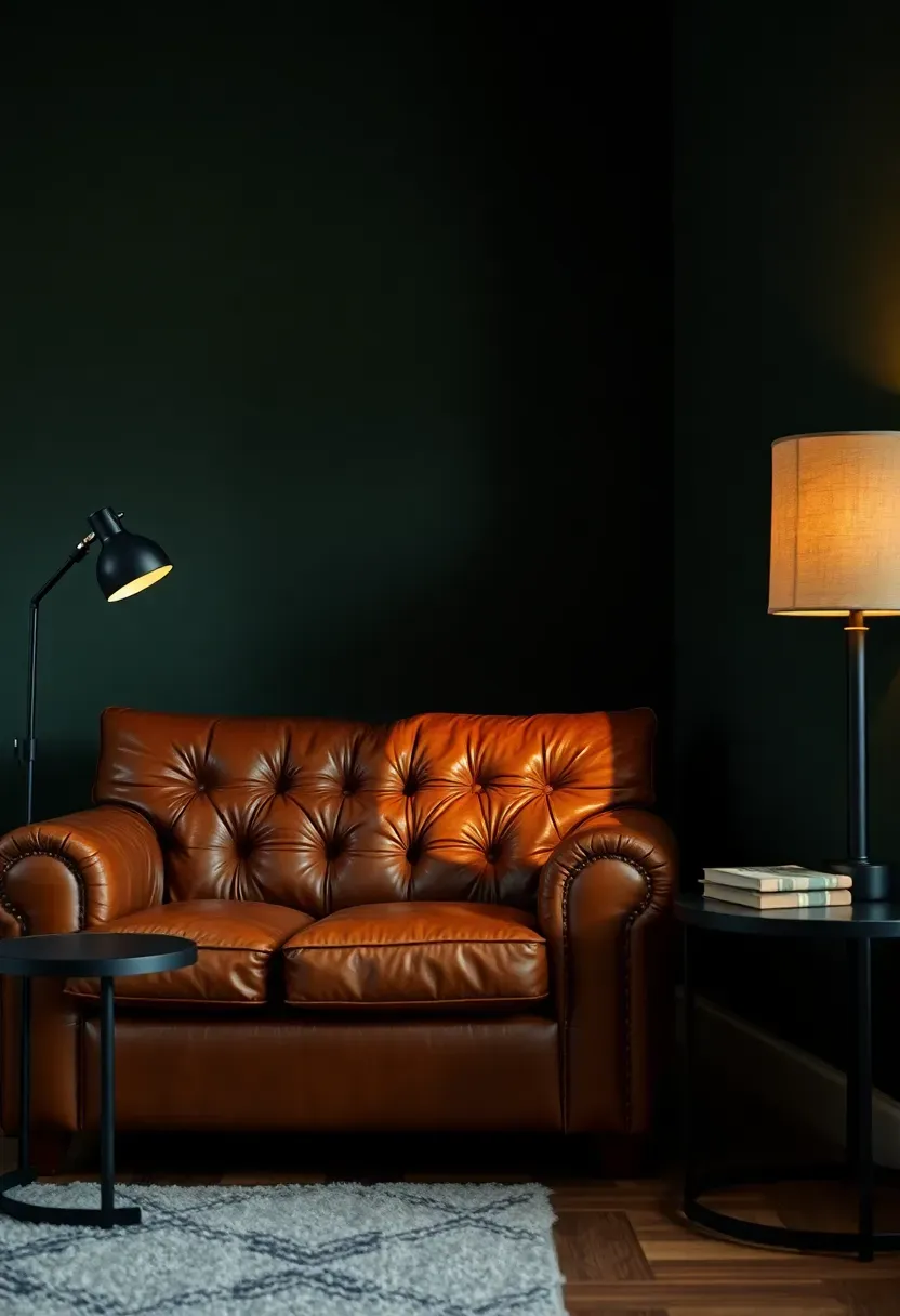 moody living room accent wall in dark peat moss green with a velvet sofa and floor lamp