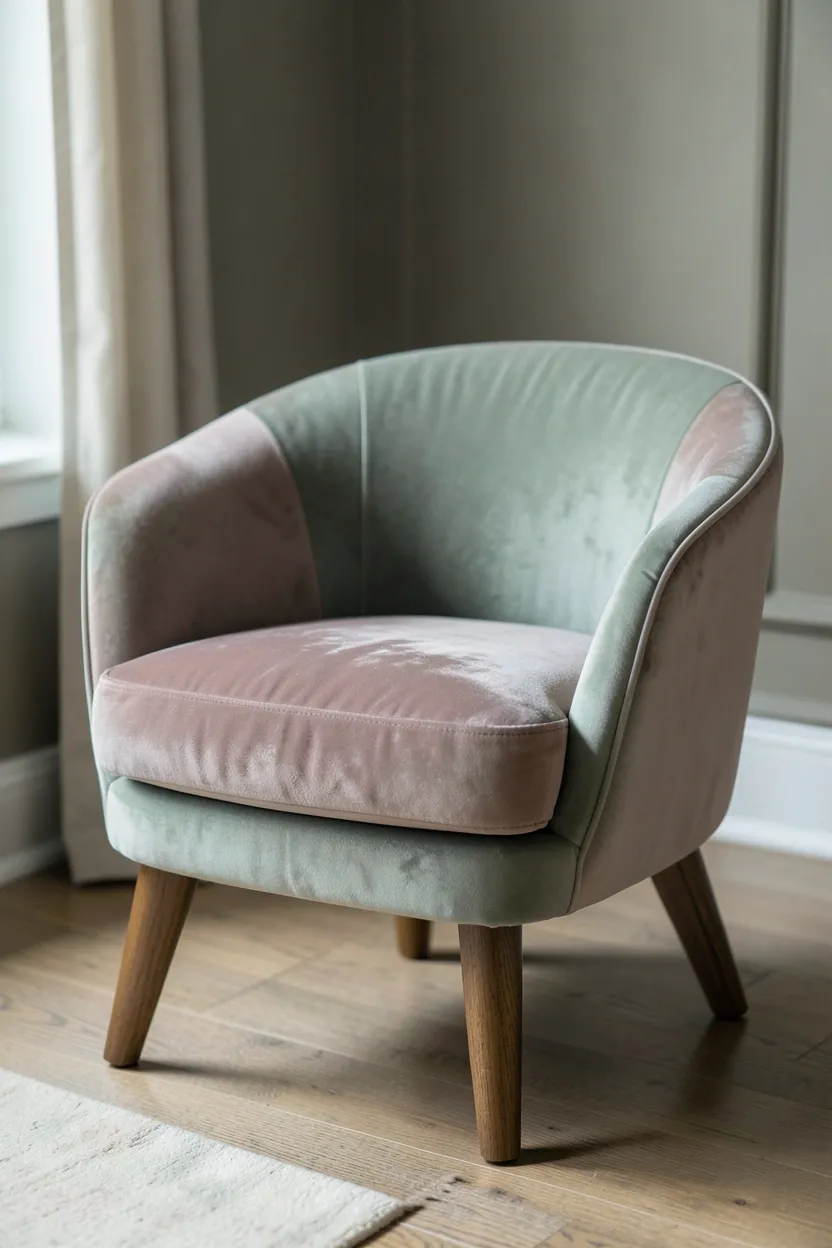 Dusty sage green velvet accent chair with slim wood legs beside a window in a serene modern Scandinavian living room