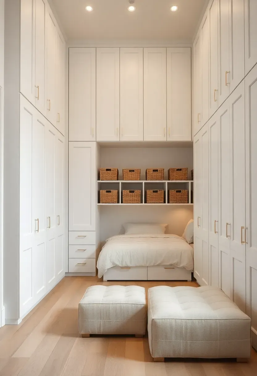 Hyper-realistic view of smart Scandinavian storage solutions. Floor-to-ceiling white built-in cabinets with clean minimalist doors reaching ceiling, bed with storage drawers beneath visible, storage ottoman at foot of bed. Light wood floor, white walls, room feels uncluttered despite hidden storage capacity. Some cabinet doors slightly open showing organized interior. Materials: white matte cabinet fronts, light oak wood floor, woven storage baskets visible on open shelf. Smart storage mood showing how clutter disappears behind beautiful intentional storage solutions.</p>