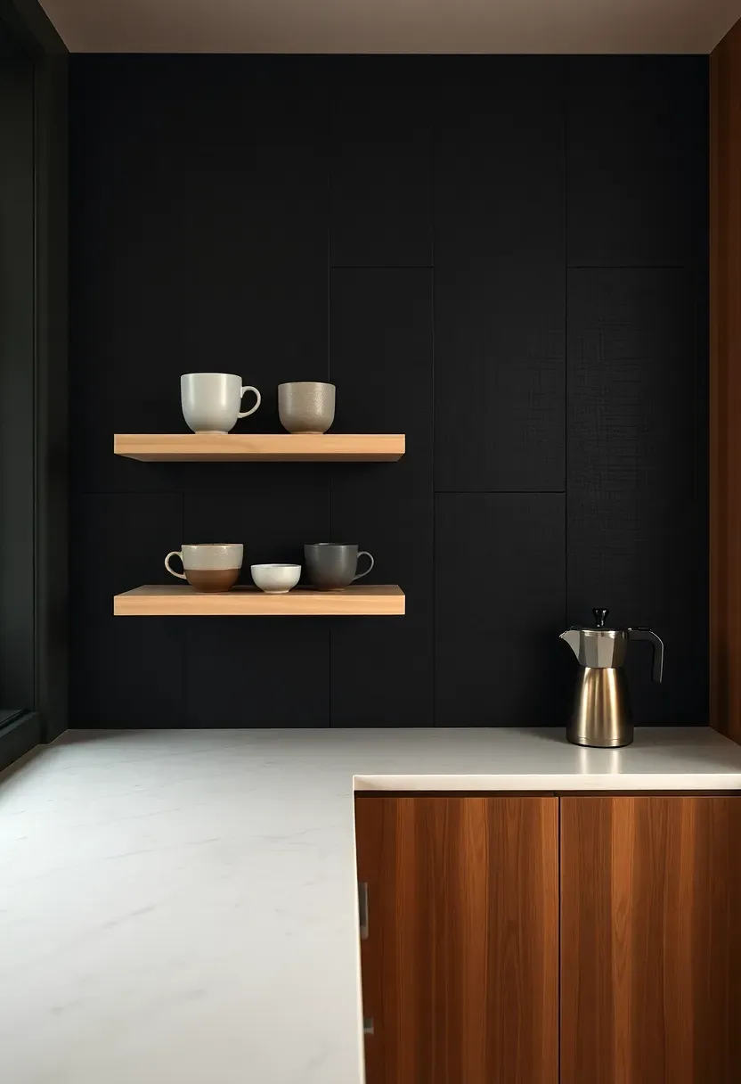 shou sugi ban charred wood panel backsplash behind a coffee station with open shelving and ceramic mugs
