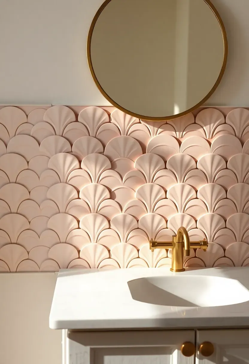 Scallop fan-shaped tiles in soft blush pink arranged in overlapping rows behind a white bathroom vanity with brushed brass mirror frame