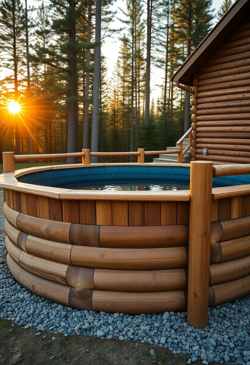 Hyper-realistic 3/4 view of above-ground pool clad in horizontal cedar planking with log-style railing and deck surround. Materials: rough-sawn cedar siding in varied warm brown tones, natural cedar log railing posts with rough bark texture, pebble-stone ground surfacing, dark pool interior visible through water. Warm golden-hour backlight filtering through pine trees, creating dramatic rim light on cedar texture and long shadows. Rustic camp aesthetic mood showing pool as natural extension of cabin environment. Pool water catching warm reflections. Visible wood grain variations, natural knots, and organic weathering on cedar surfaces. No text, no logos, no watermarks.</p>