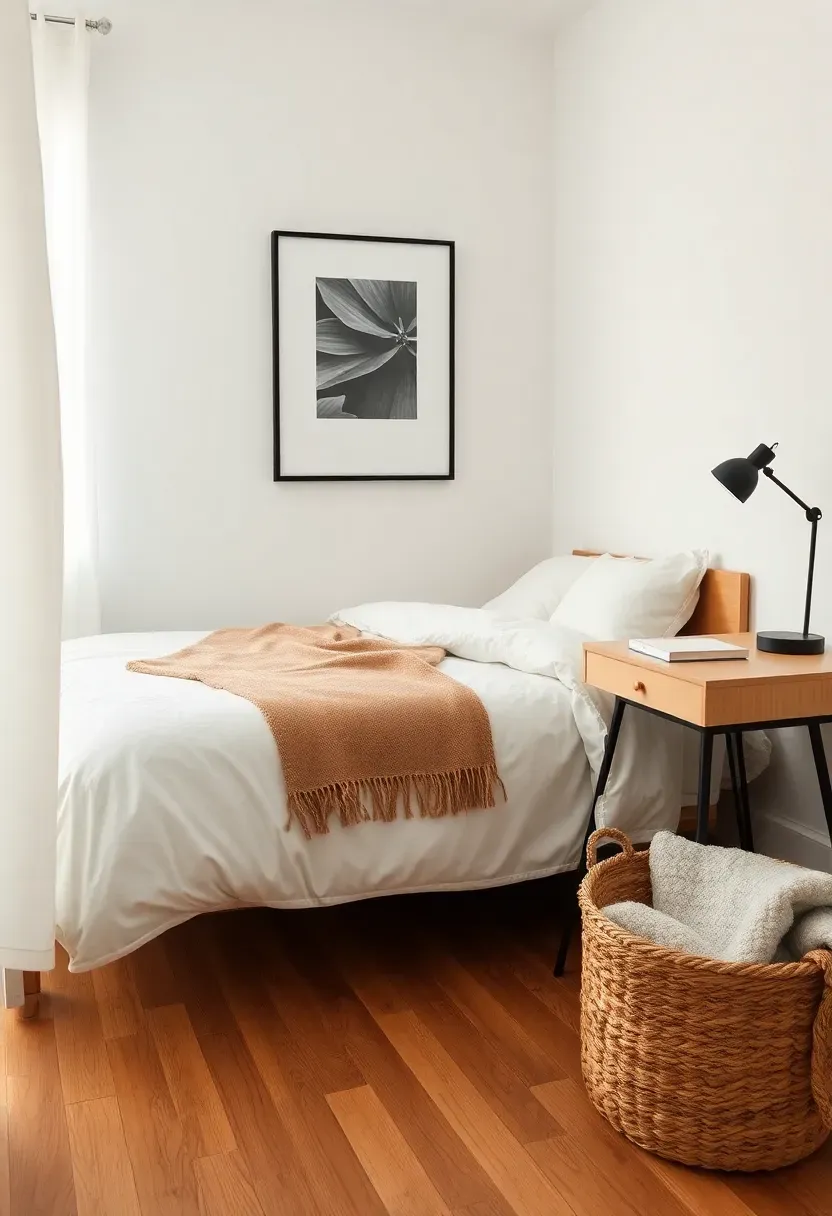 clean neutral minimalist dorm room with white bedding wooden accents and simple decor