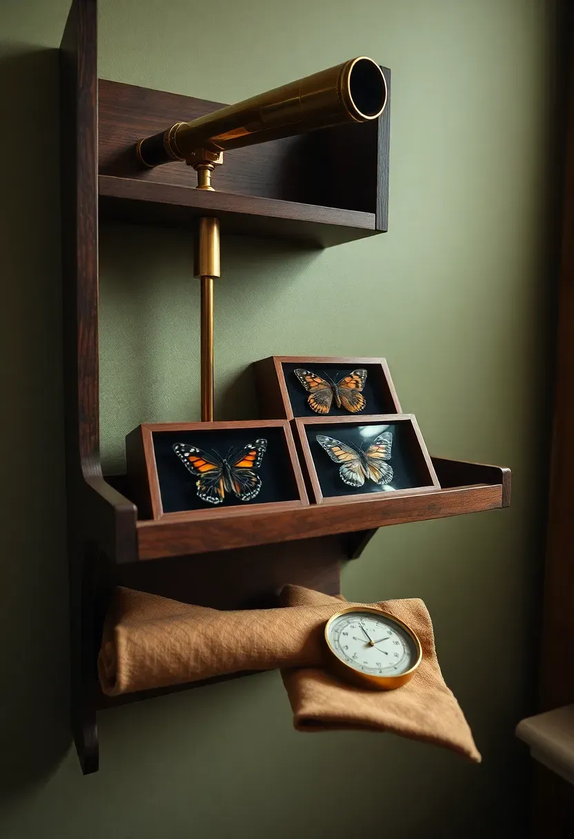 Vintage science instruments shelf in a study with sage green walls — dark walnut shelf with brass telescope on mount, butterfly specimen display box, and a brass pocket barometer on chamois cloth