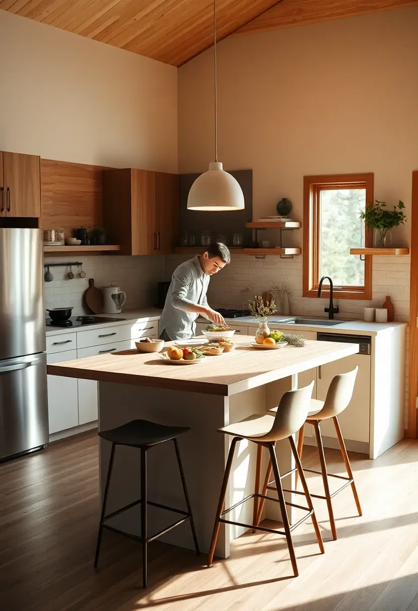 Hyper-realistic 3/4 view of modern island table in tiny house kitchen with person preparing food. Materials: white oak countertop, white base cabinet, modern bar stools, pendant light above. Warm daylight from window, casting soft shadows. Contemporary kitchen design showing island as central element. Composition with person in frame showing scale and functionality. No text, no logos, lifestyle magazine style.</p>
