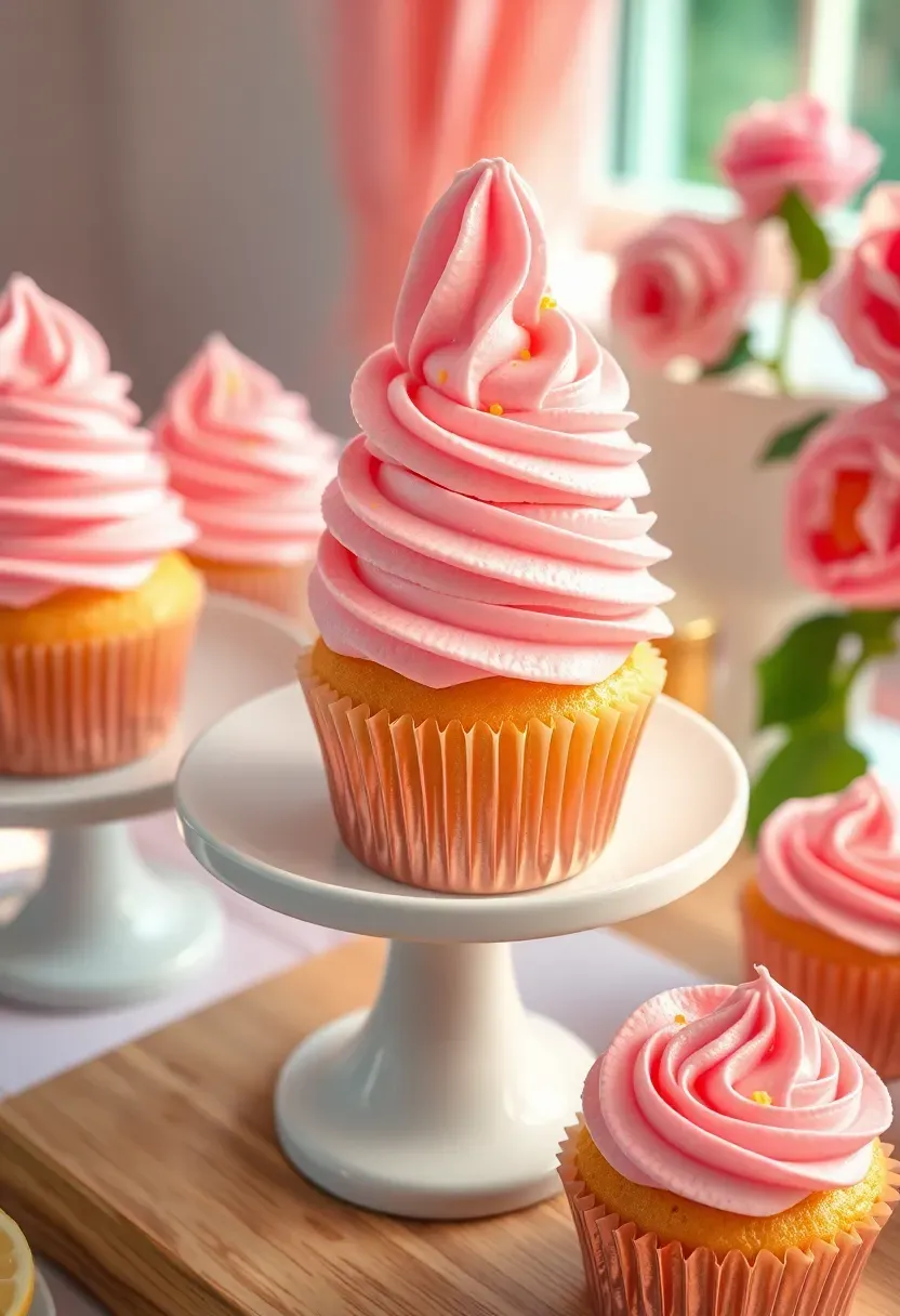 pink strawberry lemonade cupcakes with swirled frosting and lemon zest on a tiered display stand