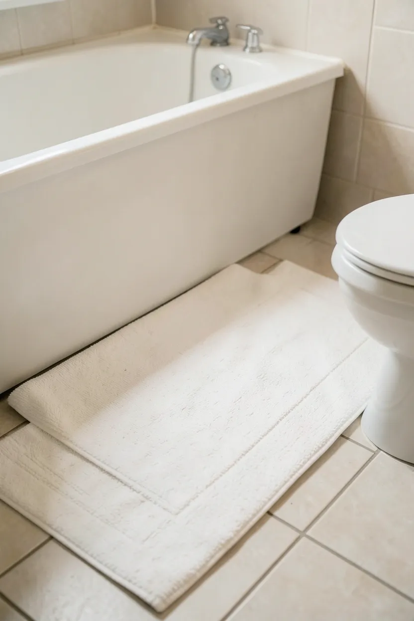 Layered cotton bath rugs in oat and cream tones on a rental bathroom floor — portable non-slip bathroom rug idea