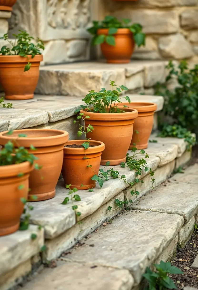 Terracotta pot cluster on stone steps