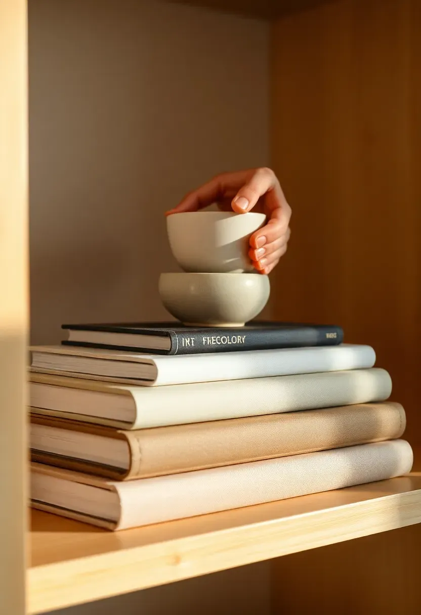 Hands placing a small ceramic bowl atop a stack of three art books with linen-covered spines on an open shelf — creating depth layers with objects at different distances from the shelf back wall, 2:3 portrait