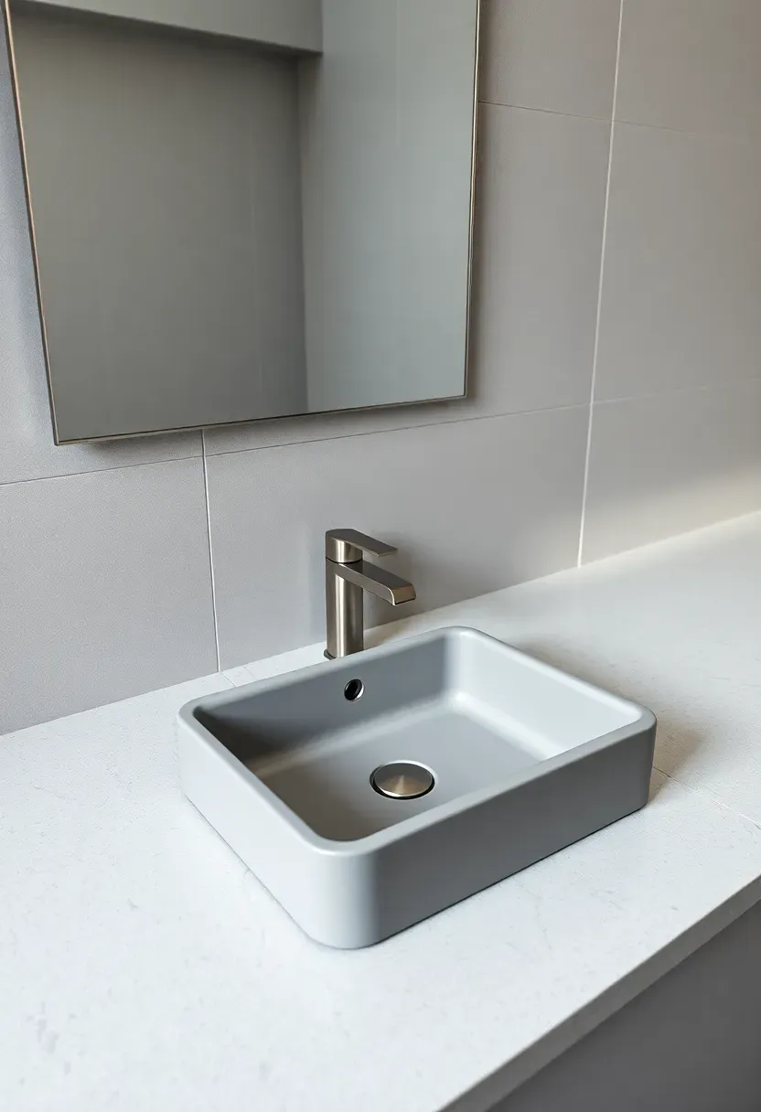 Minimalist gray undermount rectangular sink in a sleek bathroom with clean lines