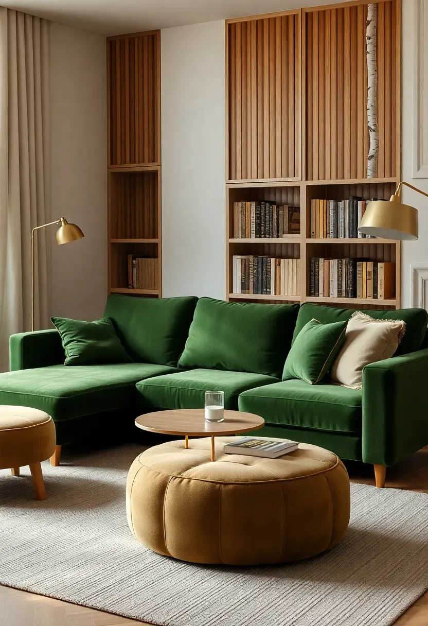 Low modular green sofa with birch book wall