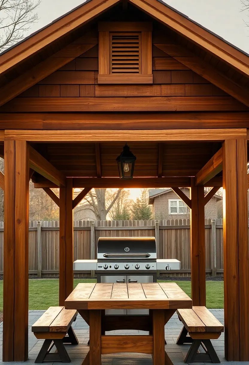 Open-sided wooden grill gazebo with cupola vent on top, gas grill underneath, pendant light, and dining table nearby on a stone patio