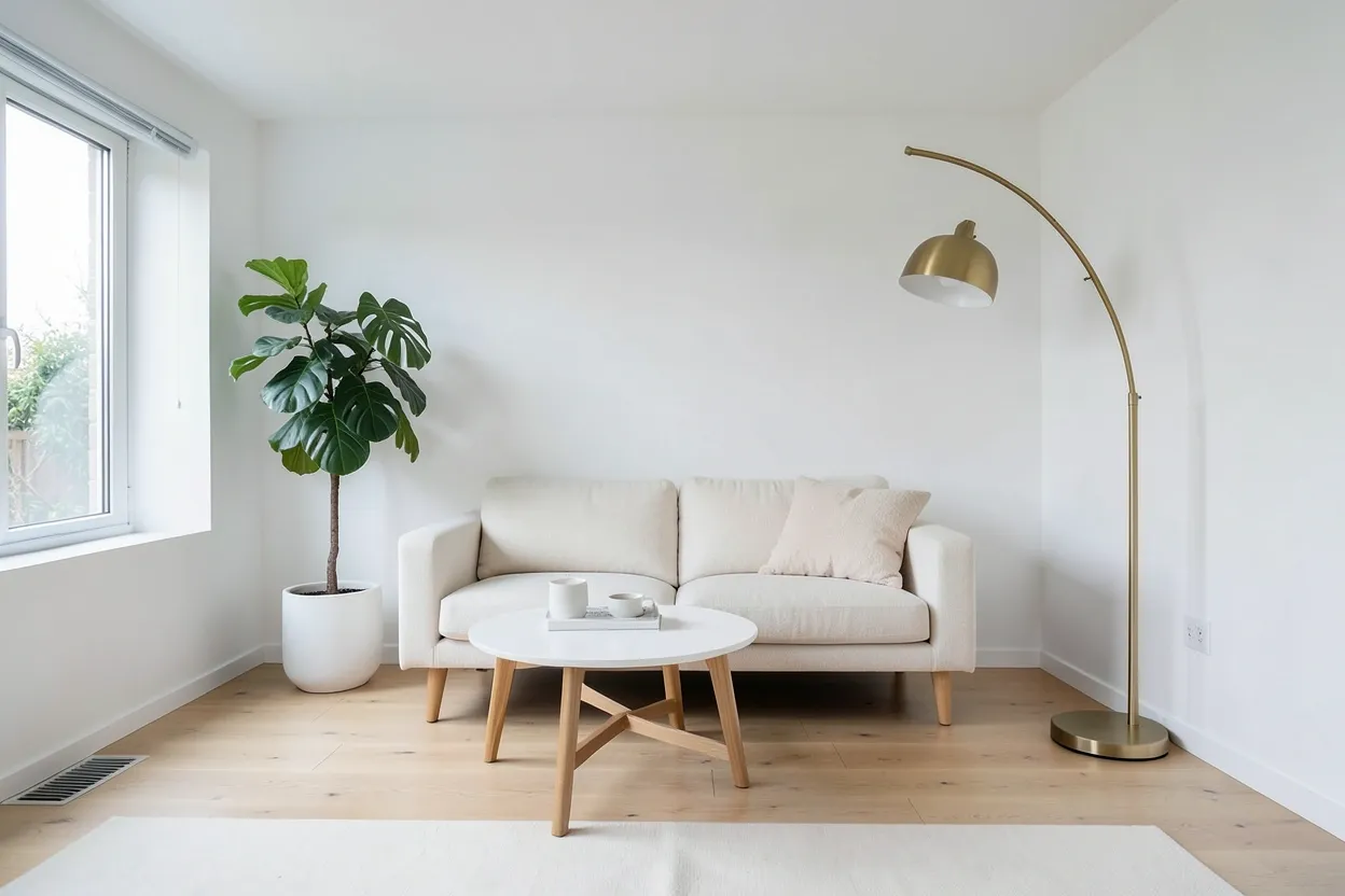 Modern minimalist living room with white walls, light oak floor, linen sofa, and a large statement plant in a bright rental apartment