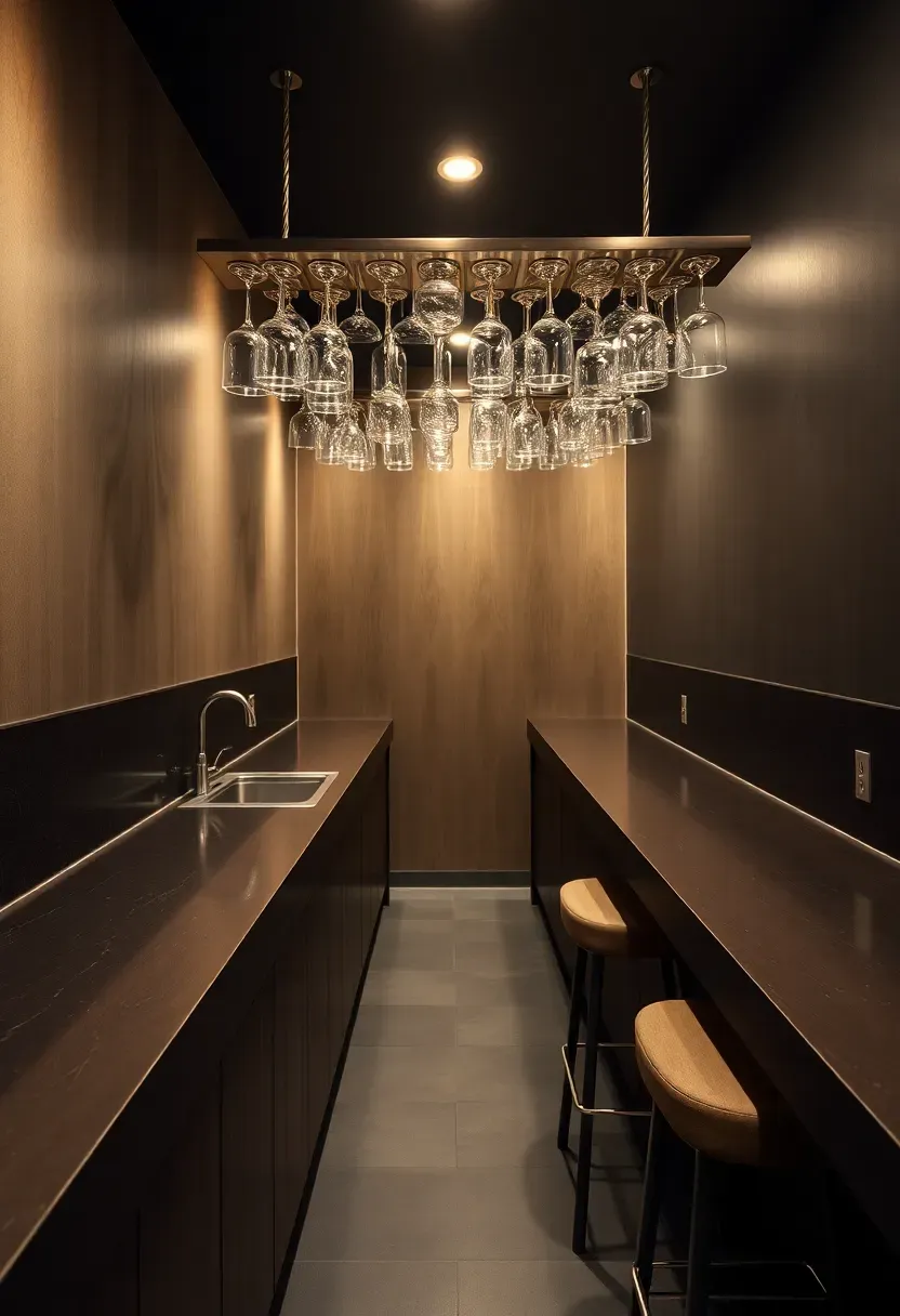 narrow galley-style basement bar with parallel counters efficient layout and overhead glass rack