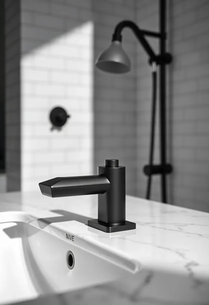 Close-up of matte black bathroom faucet and shower controls against white marble wall