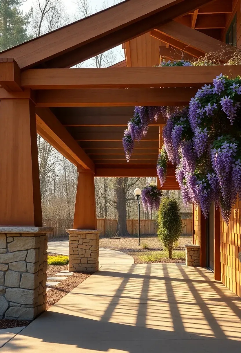 Craftsman-style attached garage with tapered columns, exposed rafter tails, and attached timber pergola over the driveway