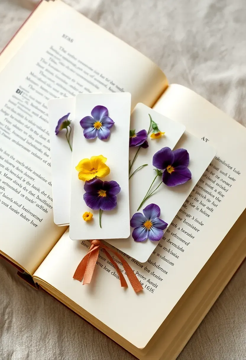 pressed flower bookmarks with laminated petals and ribbon tassels on an open book