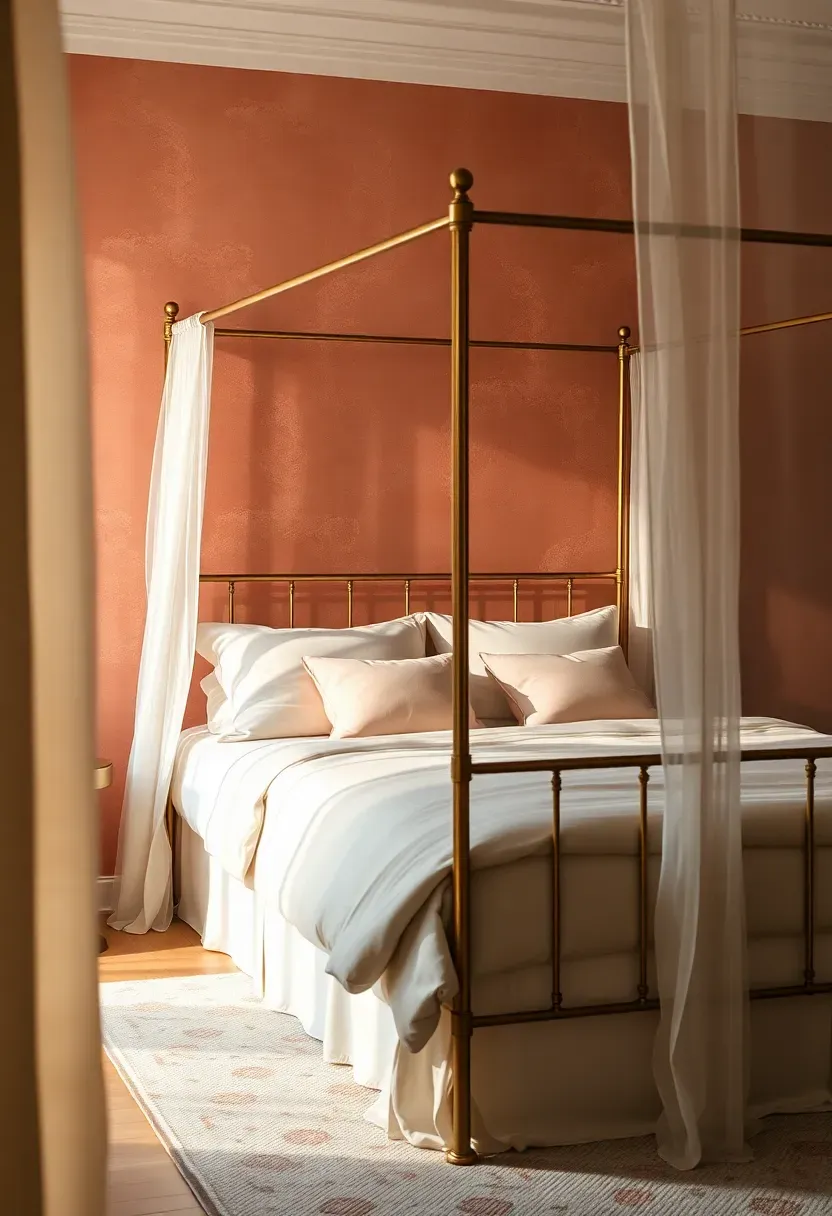 romantic bedroom with dusty rose venetian plaster accent wall showing soft tonal variations and a brass canopy bed frame