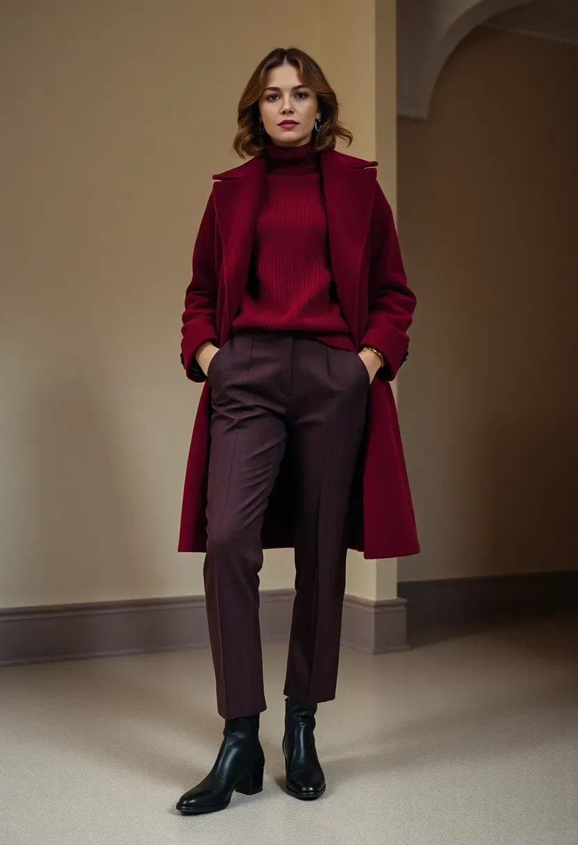 berry toned monochrome outfit with matching trousers top and coat at a winter baby shower