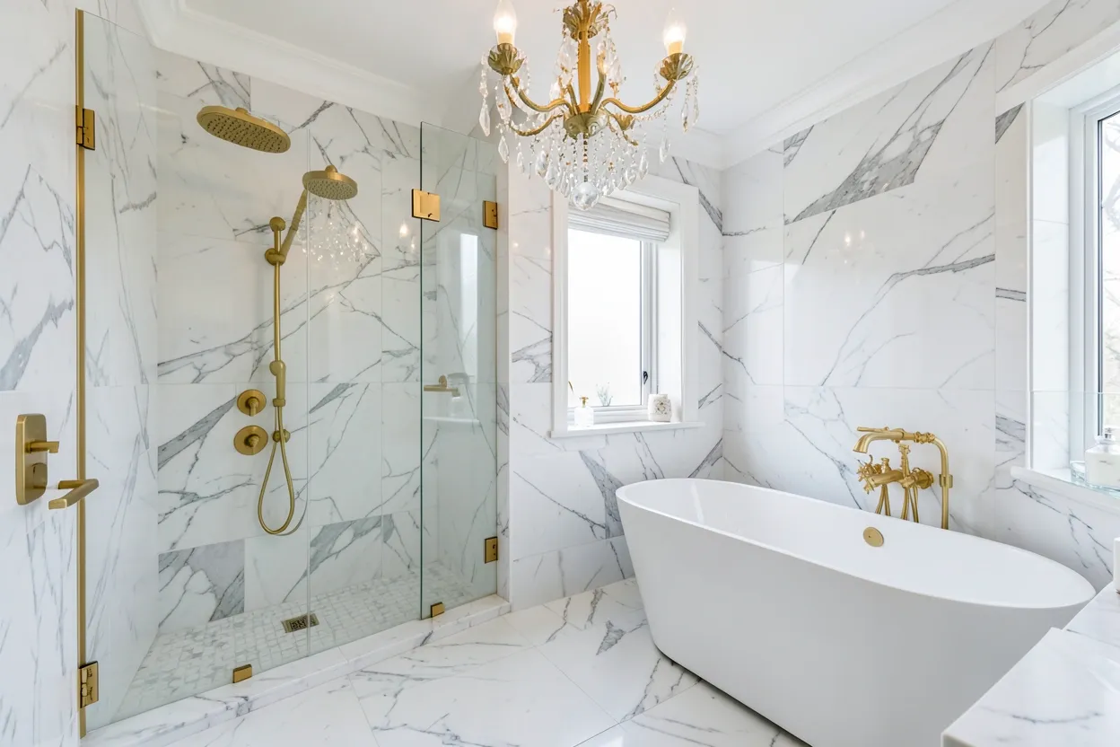 Elegant bathroom design with marble tiles, brass fixtures, and a freestanding soaking tub in a sophisticated neutral palette