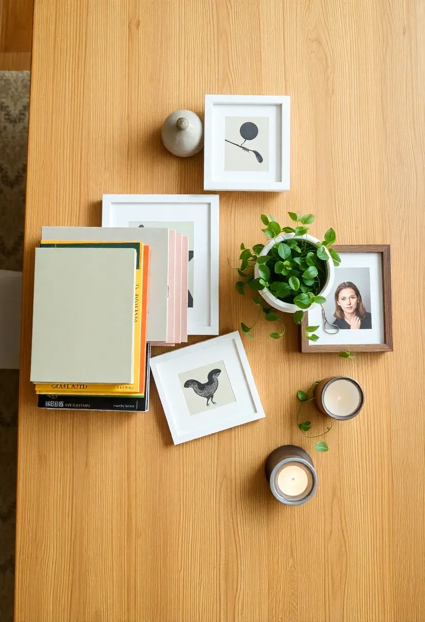 Shelf objects spread out on a light oak dining table — ceramics, books, small framed prints, a plant, and a candle grouped loosely for review, warm overhead light