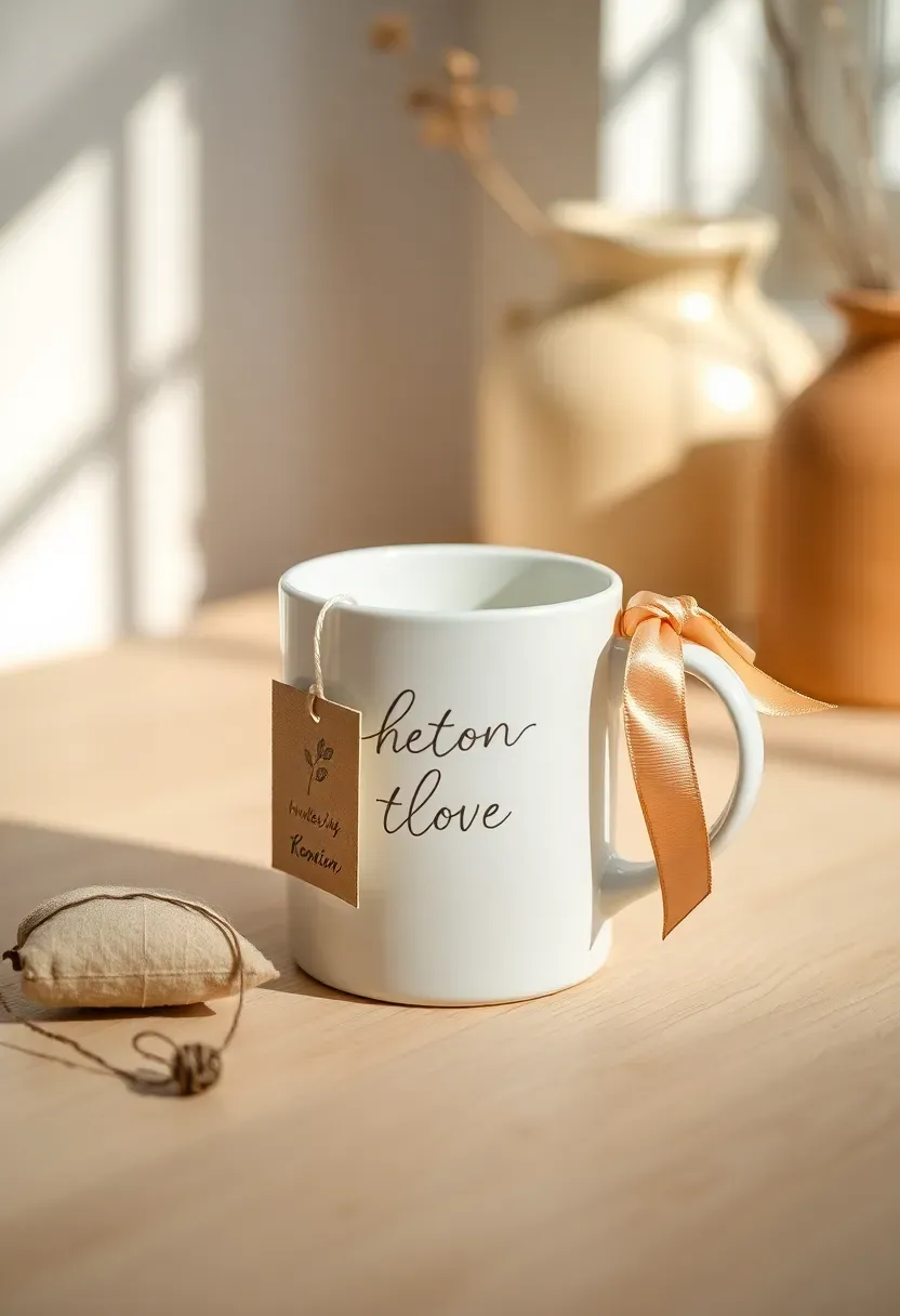 white matte ceramic mug with tea bag over the rim and satin ribbon on handle on oak wood surface