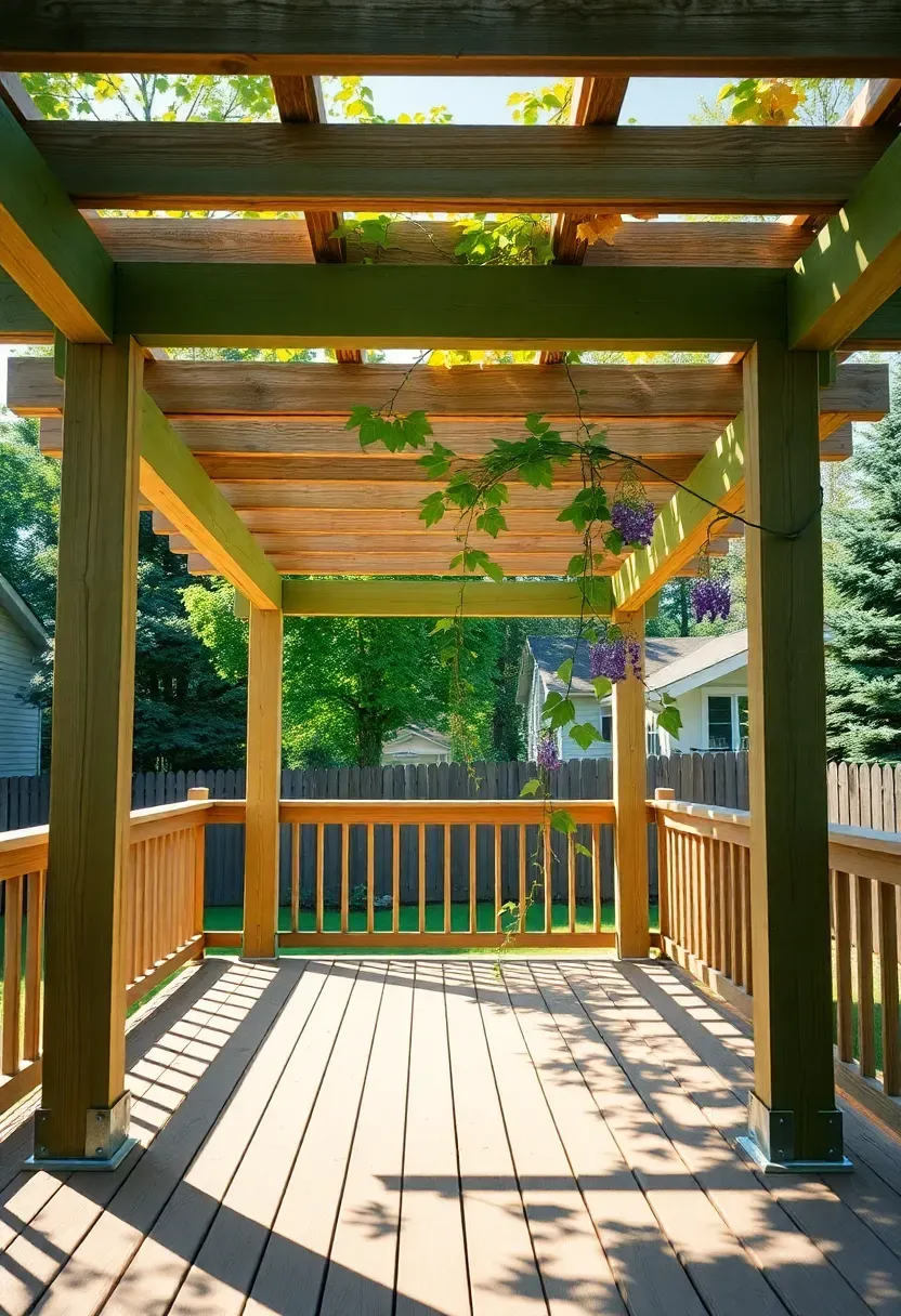A simple backyard deck with a DIY pergola overhead built from pressure-treated 4x4 posts and 2x6 rafters, with climbing vines beginning to cover one side