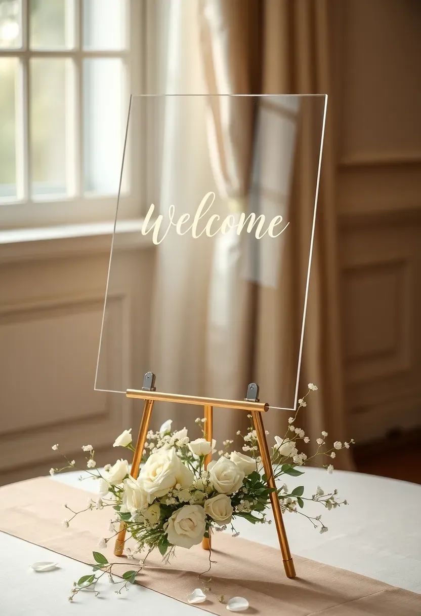 clear acrylic baby shower welcome sign with gold hand painted script on a brass easel stand with white roses and baby breath flowers at the base