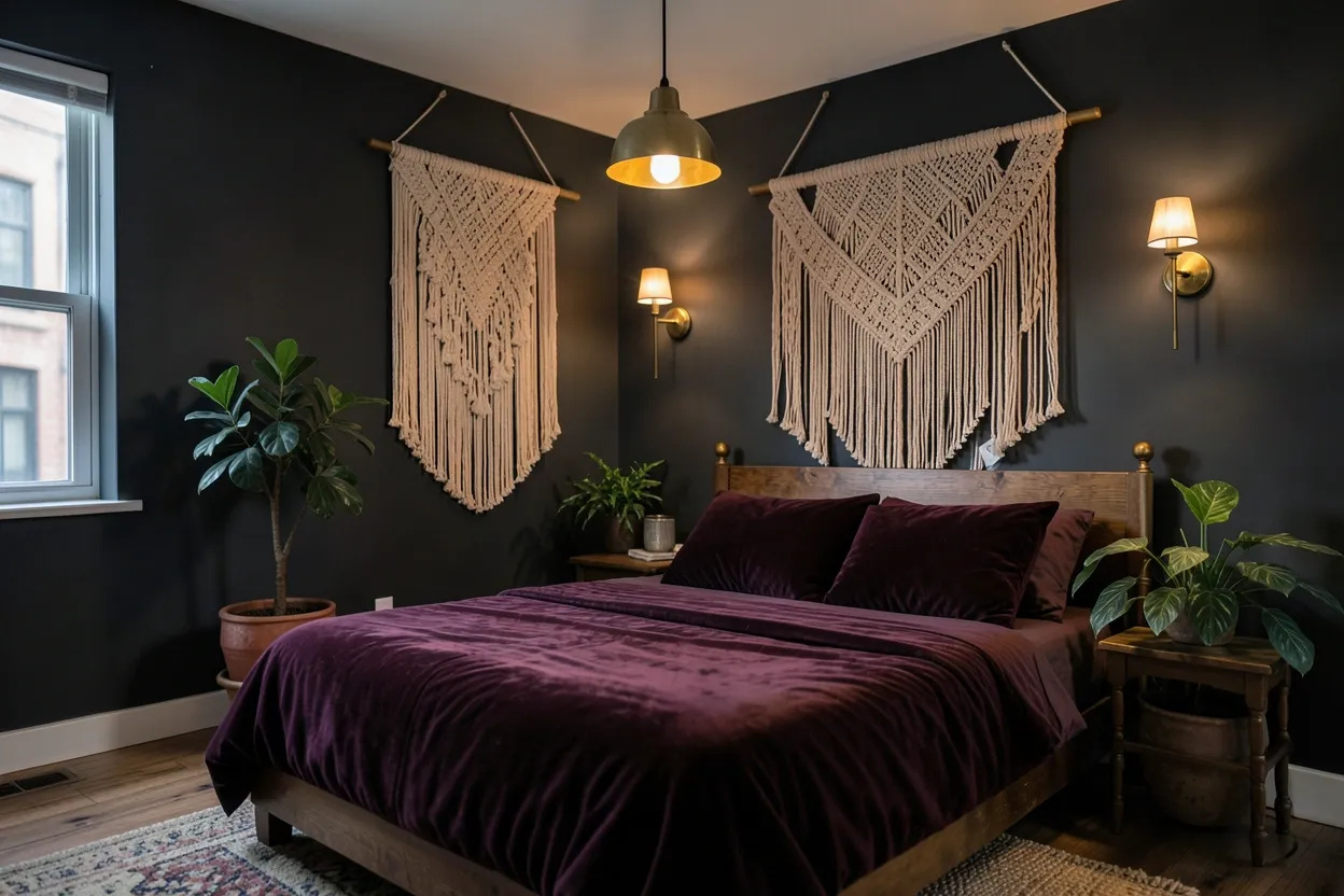 Dark boho bedroom with charcoal walls, macramé wall hanging, velvet bedding in deep plum, and warm Moroccan lantern lighting