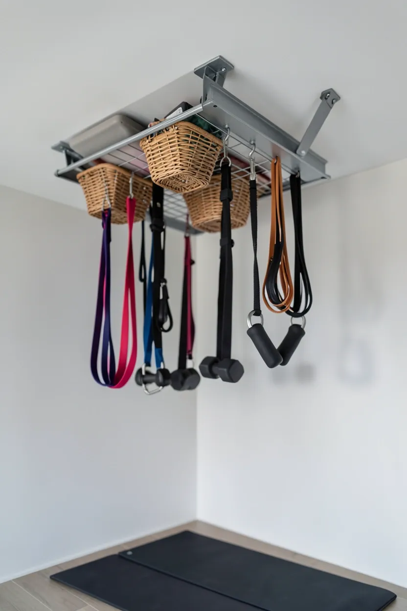 Ceiling-suspended storage rack with pull-down pulley access keeping gym equipment overhead and floor completely clear — ideal for small home gyms