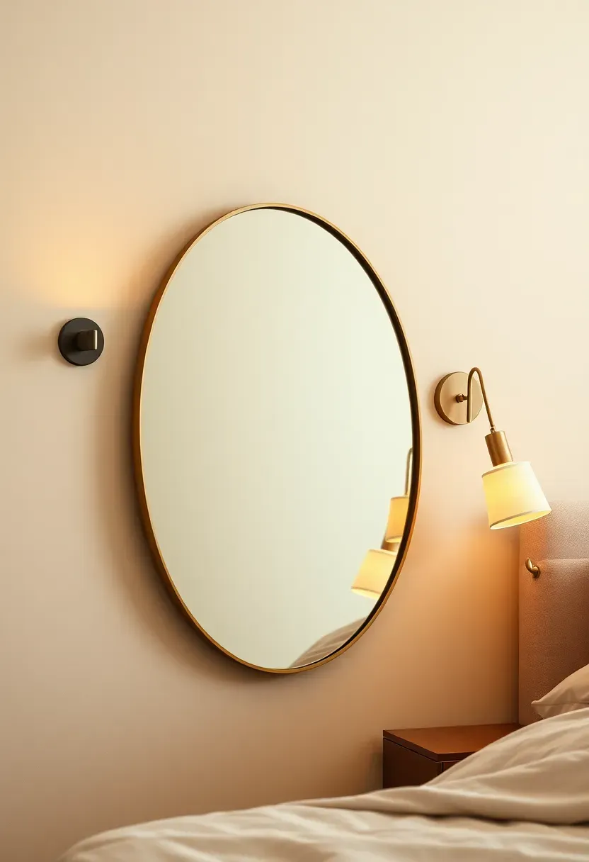 Small bedroom corner with a large round brass-framed mirror leaning against an ivory wall, a plug-in wall sconce beside it, and a warm ceramic table lamp on a floating nightstand shelf casting a soft glow