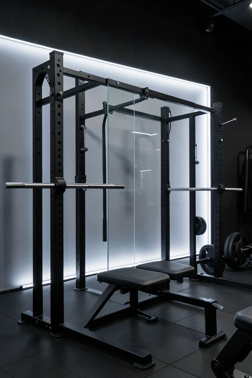 Matte black gym equipment against a backlit frosted panel wall with cool white LED illumination