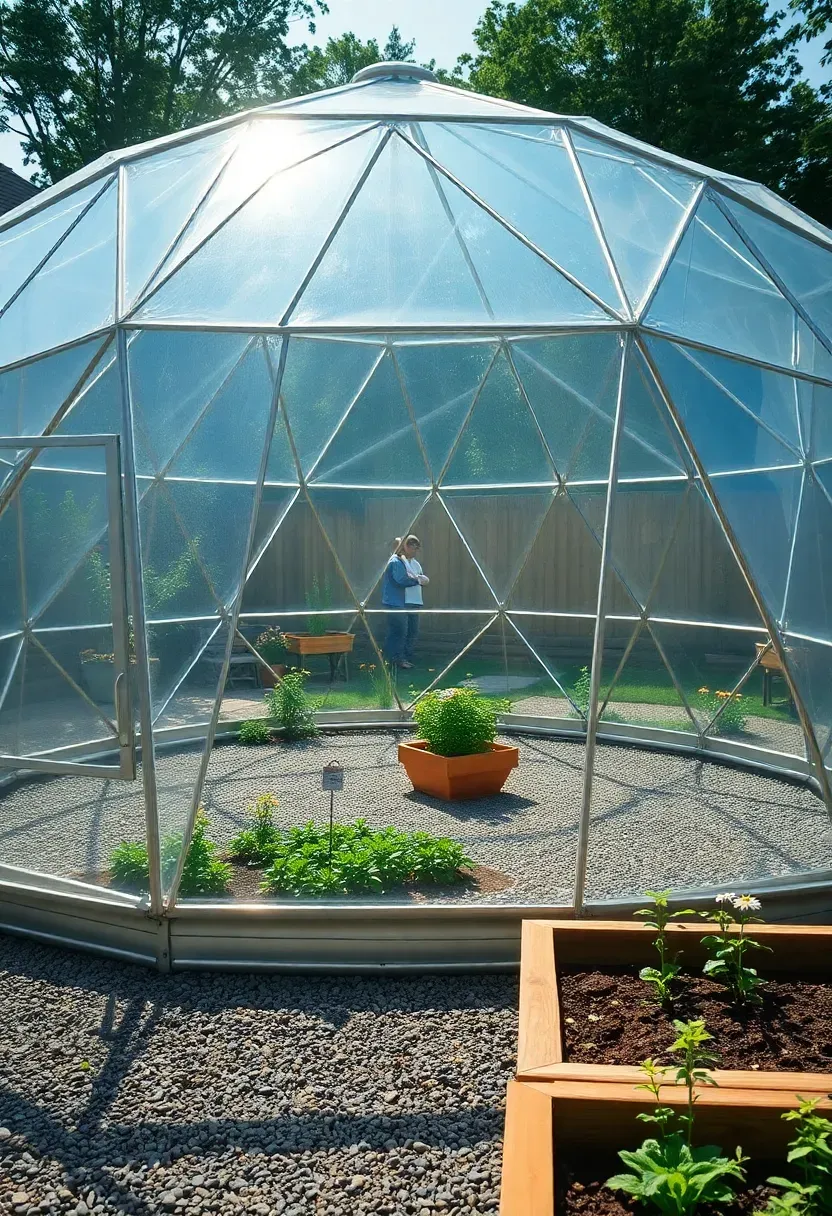 A geodesic dome greenhouse with triangular glass panels in a backyard surrounded by raised garden beds and flowers