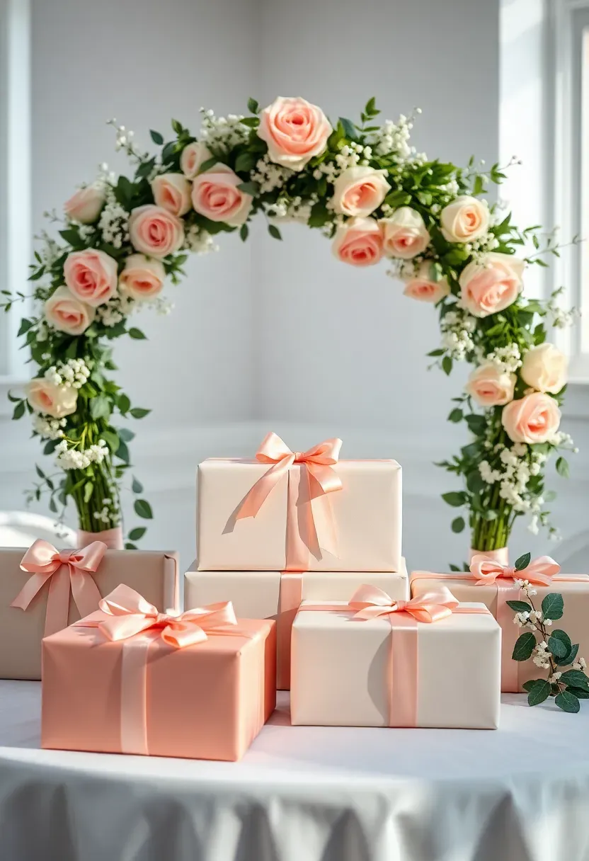 decorated baby shower gift table with a floral arch overhead wrapped presents and a beautiful sign reading gifts for baby