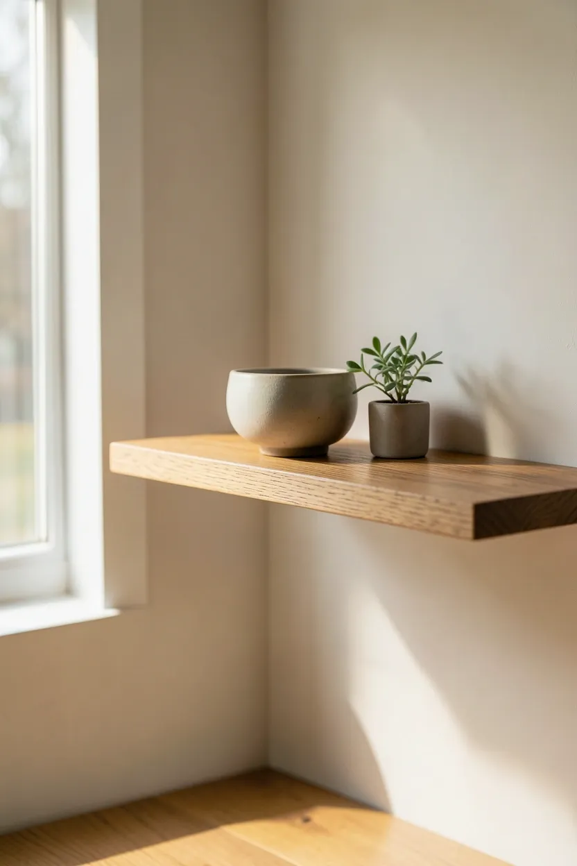 Minimalist floating oak shelves with sparse display of a small plant, pottery bowl and negative space in a wabi sabi living room