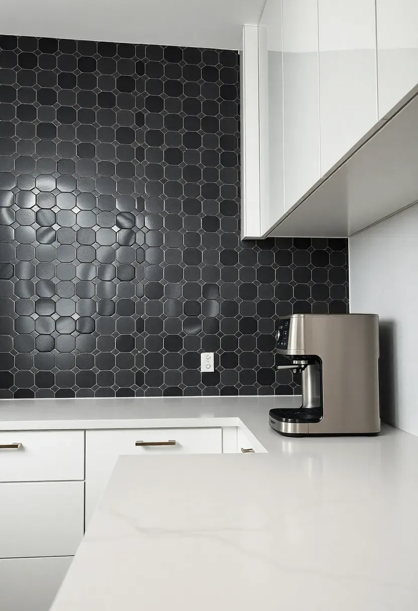charcoal hexagonal tile backsplash in a matte finish in a contemporary kitchen with white quartz counters