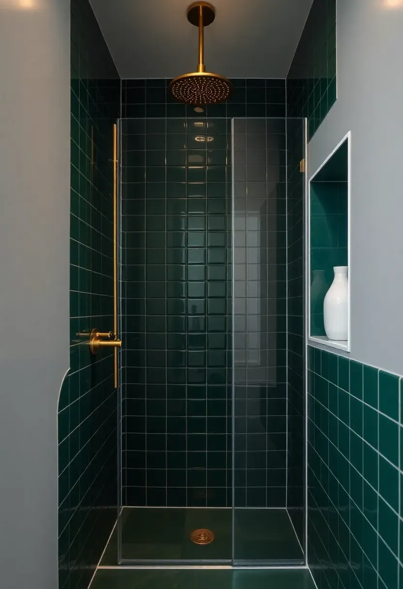 Narrow bathroom with deep forest green floor-to-ceiling tiles and gold shower fixtures