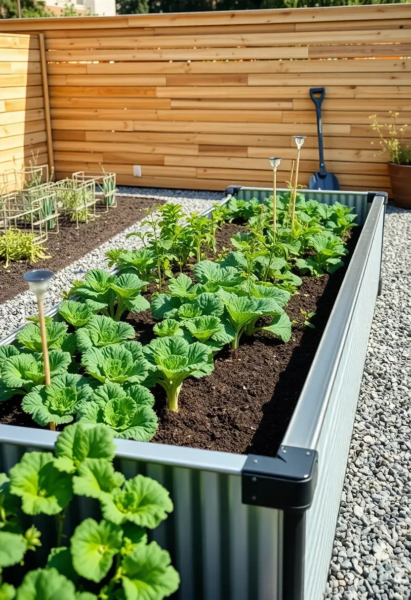 Corrugated metal raised garden beds filled with vegetable plants in a modern backyard with a clean gravel border