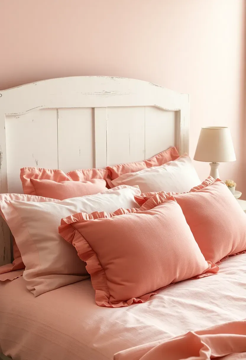 Distressed white wooden headboard paired with blush pink linen bedding and ruffled throw pillows