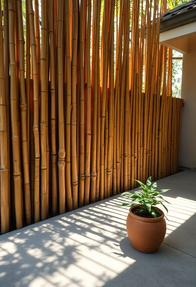 A dense natural bamboo privacy screen with thick vertical culms lining a backyard patio area
