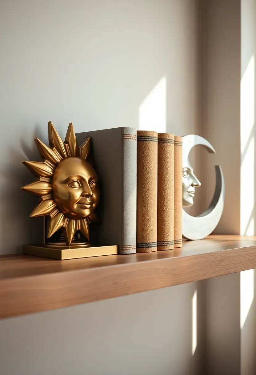 Pair of decorative bookends shaped as a golden sun and a silver crescent moon holding books on a wooden shelf