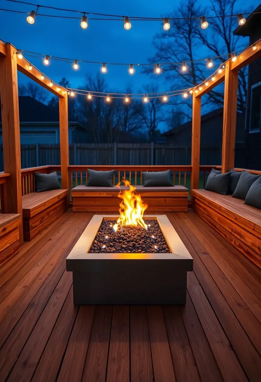 Intimate backyard deck with a sunken rectangular gas fire pit at the center surrounded by built-in wooden bench seating and warm string light canopy above