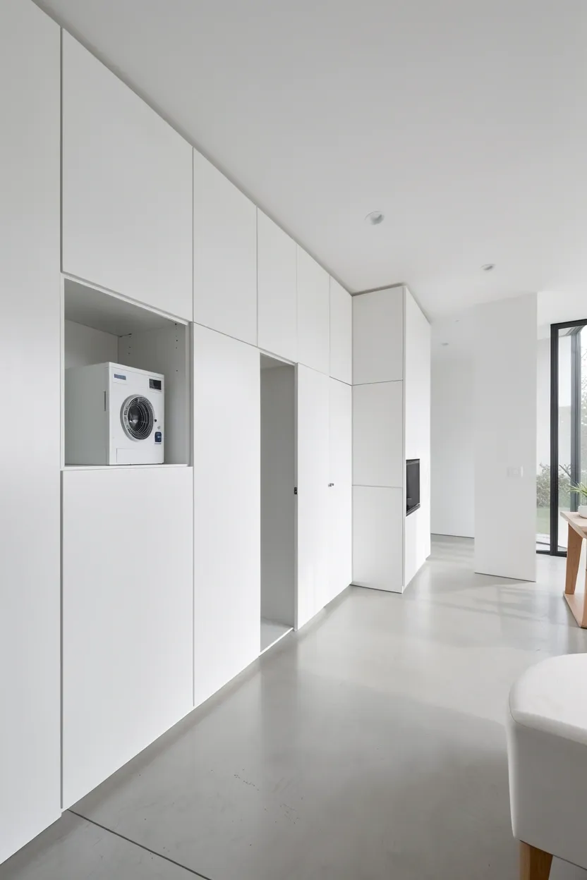 Minimal gym room with closed-door cabinet storage concealing dumbbells and resistance bands — renter-friendly hidden storage for clean workout space