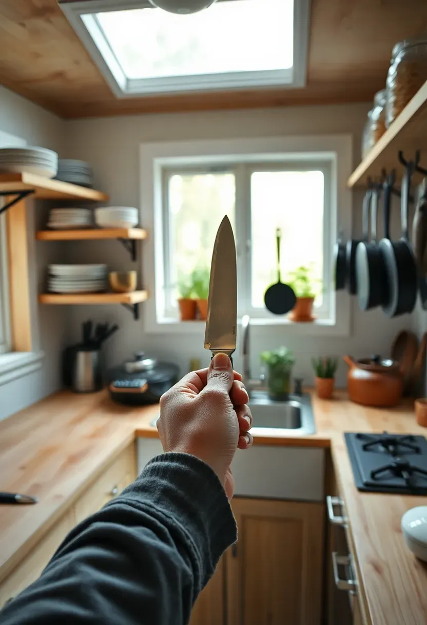 Hyper-realistic interior view of tiny house kitchen showing person thoughtfully considering single high-quality cooking knife versus drawer full of unused knives, visible high-quality cast iron cookware, and minimal but excellent kitchen tools. Materials: light wood countertops, open shelving with carefully selected dishes and cookware, knife rack with 3-4 quality knives, cast iron pans hanging on wall, small potted herb garden. Natural light from window over sink creating bright cooking atmosphere. Shallow depth of field focusing on hand holding single knife and cast iron pan, quality cookware collection visible in background showing intentional minimalist kitchen philosophy. Mindful consumption aesthetic. No text, no logos, no watermarks.</p>