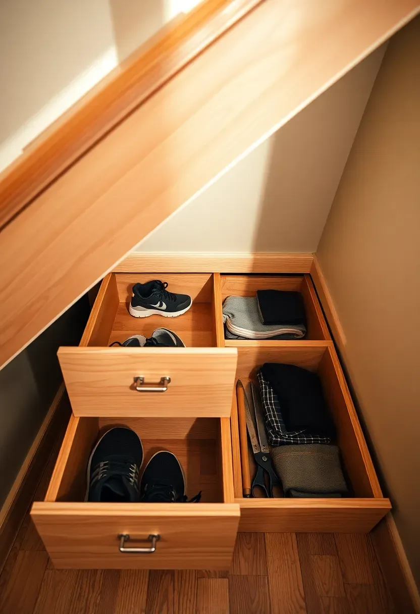 Pull-out wooden drawers built into the space under a basement staircase storing shoes, tools, and seasonal items