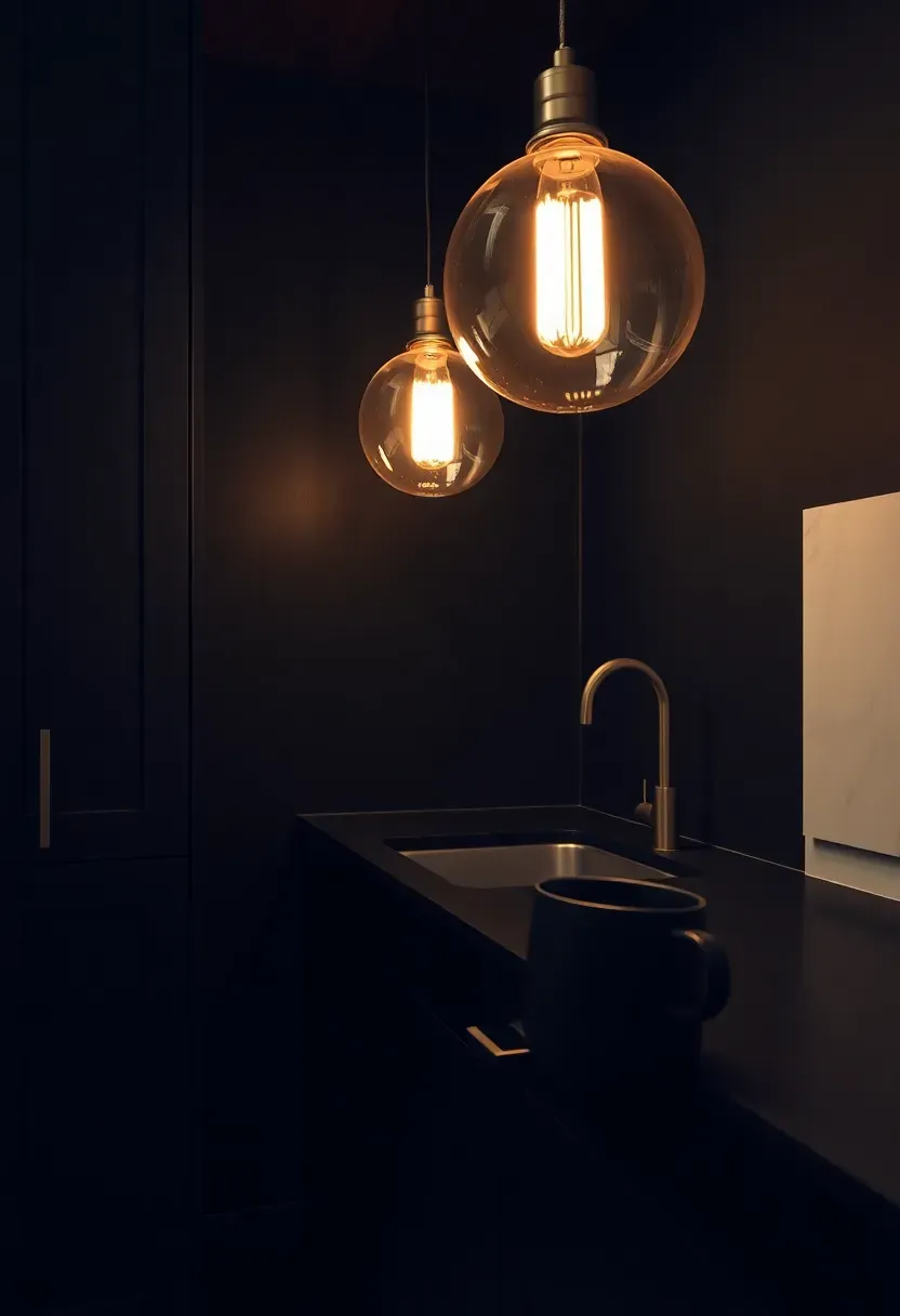 Dramatic basement kitchenette with matte black cabinets, black countertop, moody pendant lighting, gold hardware accents, and dark walls