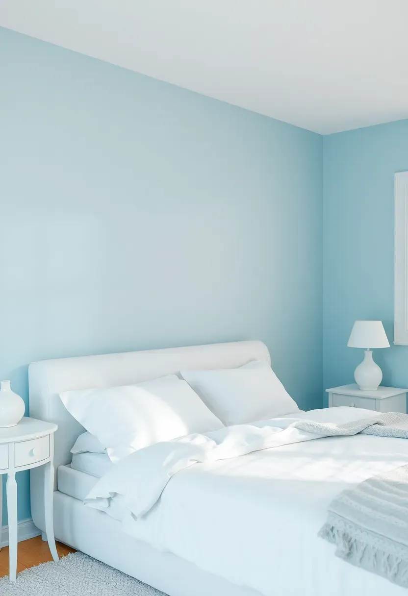 Bright basement bedroom with soft pale blue painted walls and white bedding creating an airy atmosphere