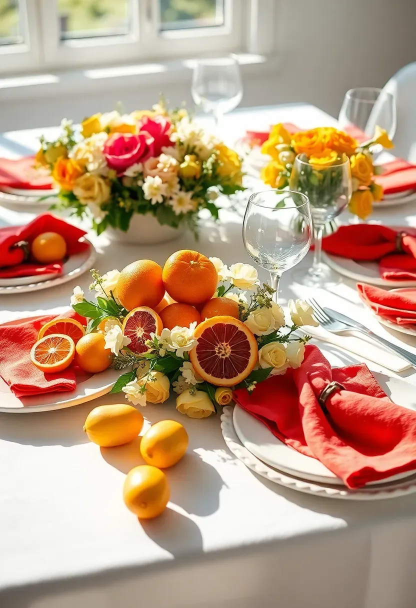 Easter brunch table with citrus fruits spring flowers and colorful place settings